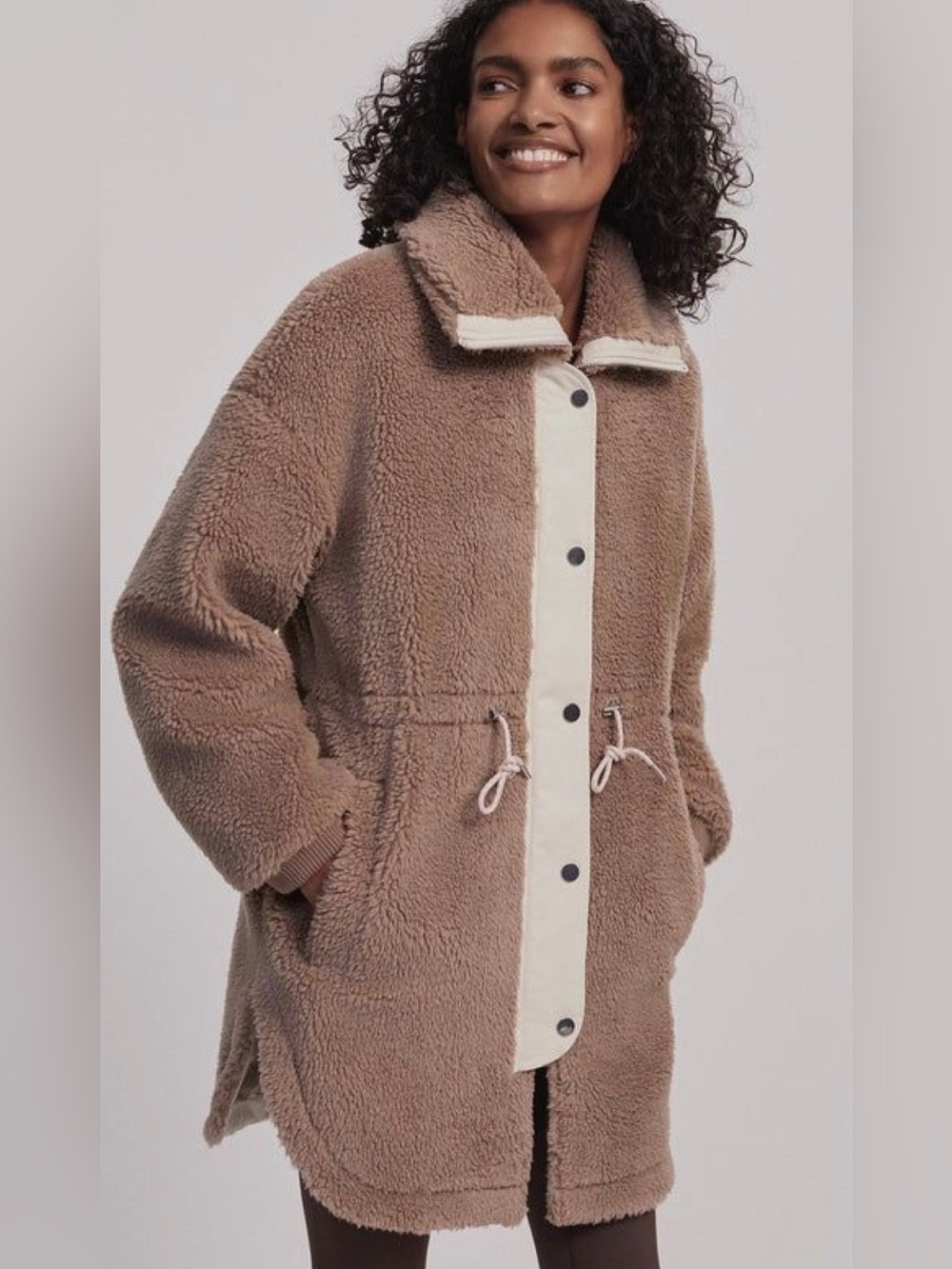 Varley Jamie Sherpa Jacket Taupe Teddy Fleece Snap Front Drawstring Coat Small